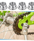 Beefy 24 Piece Bike Wheel Axle Nut And Safety Washer Kit with M8 M10 M16 flanged nuts and washers on a green bike hub