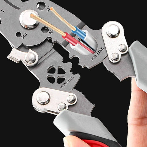 Close-up of 18 In 1 Foldable Wire Stripper Tool With Crimpers And Cutters, showing wire stripping and ergonomic handles