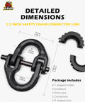 Two Pack Half Inch Safety Chain Connector Links Hammerlock Coupling dimensions diagram with black galvanized drop-forged steel components