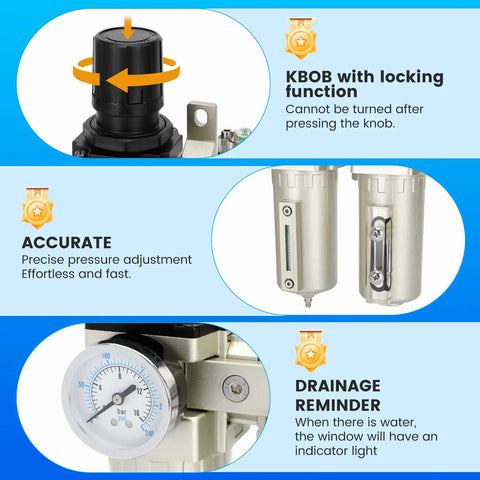 Features of Heavy Duty 3/4 Inch NPT Air Compressor Water Separator with Three Stage Filtration, including pressure gauge and drain reminder.