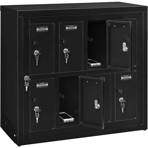 Eight Door Smartphone Charging Locker Featuring Sturdy Steel Build And Handy Power Outlets with open compartments showing phones.