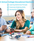 Students discussing Line Following Robot Car Kit for Beginners Soldering Practice, STEM Educational Electronics, Easy DIY Robot Project.