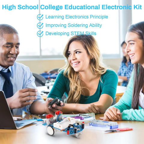 Students discussing Line Following Robot Car Kit for Beginners Soldering Practice, STEM Educational Electronics, Easy DIY Robot Project.