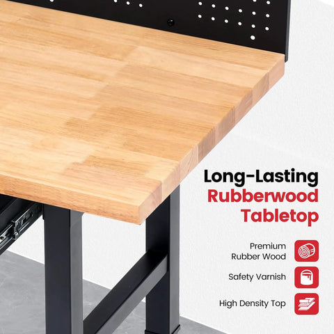 60 Inch Heavy Duty Workbench With Wheels And Adjustable Height, Real Deal Heavy Beast With Solid Rubberwood Top close-up of rubberwood tabletop and support frame