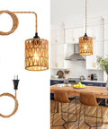 Plug And Play Pendant Light Hand Braided Natural Hemp Rope Hanging Lamp Industrial Farmhouse Style With Toggle Switch For Dining Room Kitchen, showcasing pendant above a wooden dining table.