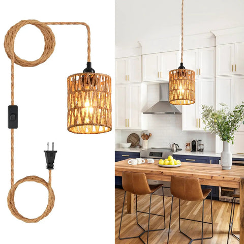 Plug And Play Pendant Light Hand Braided Natural Hemp Rope Hanging Lamp Industrial Farmhouse Style With Toggle Switch For Dining Room Kitchen, showcasing pendant above a wooden dining table.
