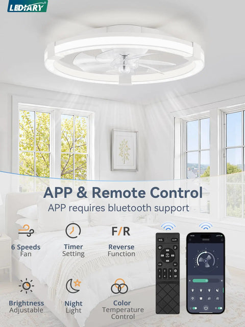 Slick 20 Inch Low Profile Ceiling Fan With Light Remote 7 Blades smooth airflow view with integrated LED lighting and app control.