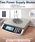 Beefy 110 Pound Food Scale With Price Computing showing power supply options, AA batteries, and USB plug-in setup.