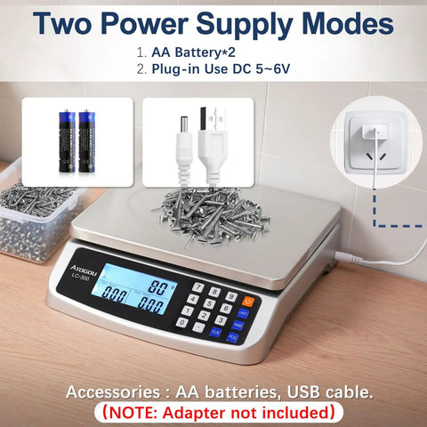 Beefy 110 Pound Food Scale With Price Computing showing power supply options, AA batteries, and USB plug-in setup.