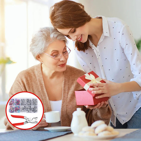 Two women exchanging gifts with Metal Snap Button Kit With Pliers And Press Tool Pro Grade 9.5mm Snap Fasteners Set in view.