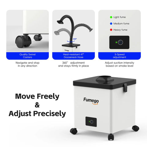Beefy Solder Fume Extractor With 100W Motor And 200 Cubic Meters Per Hour Airflow showing swivel casters and gooseneck hose