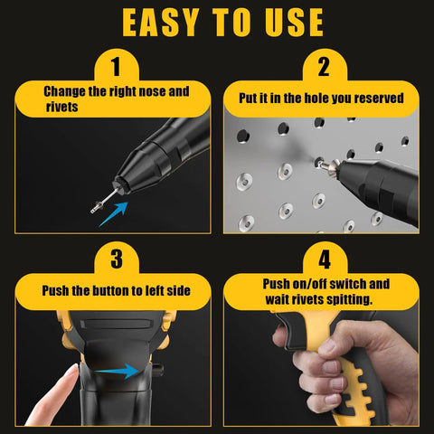 Experience Total Cordless Freedom With This Brushless Electric Rivet Gun Compatible With DeWalt 20V Battery features step-by-step usage guide.