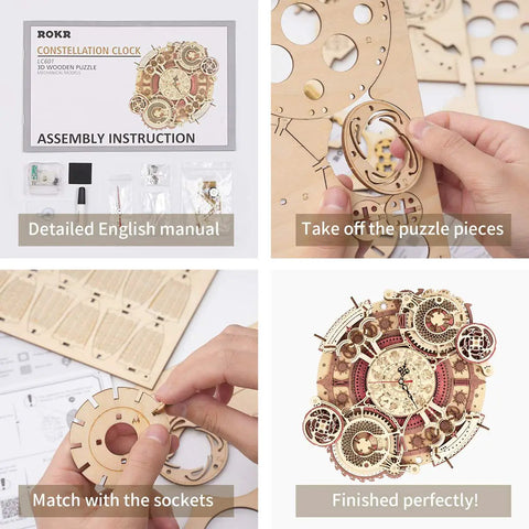DIY 3D Wooden Puzzle Clock Kit With 168 Pieces, Mechanical Model For Home Decor, Wall Clock With Roman Numerals, Vintage Dip Dye Finish, Quartz Movement, Awesome Gift For Teens And Adults, Easy Self Assembly, wooden parts and manual