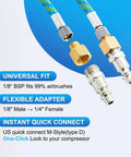 Premium Pro Grade 10 Foot Braided Airbrush Hose With US Quick Connect And One Eighth To One Quarter Inch Adapter Features and Dimensions