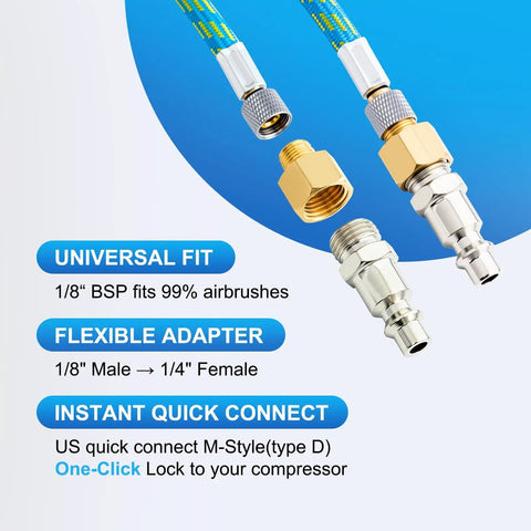 Premium Pro Grade 10 Foot Braided Airbrush Hose With US Quick Connect And One Eighth To One Quarter Inch Adapter Features and Dimensions