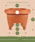 Terra Cotta 24 Inch Rail Planter For Deck And Balcony With 4 Gallon Capacity Fits Rails Three And One Quarter To Three And Three Quarter Inches Wide UV Protected Resin Weather Resistant No Tool Needed Easy Cleaning Made In USA