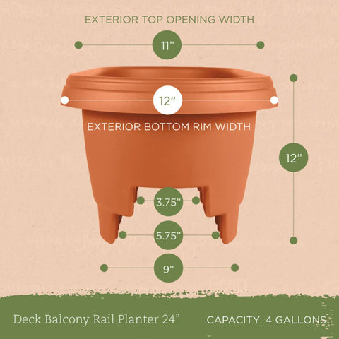 Terra Cotta 24 Inch Rail Planter For Deck And Balcony With 4 Gallon Capacity Fits Rails Three And One Quarter To Three And Three Quarter Inches Wide UV Protected Resin Weather Resistant No Tool Needed Easy Cleaning Made In USA