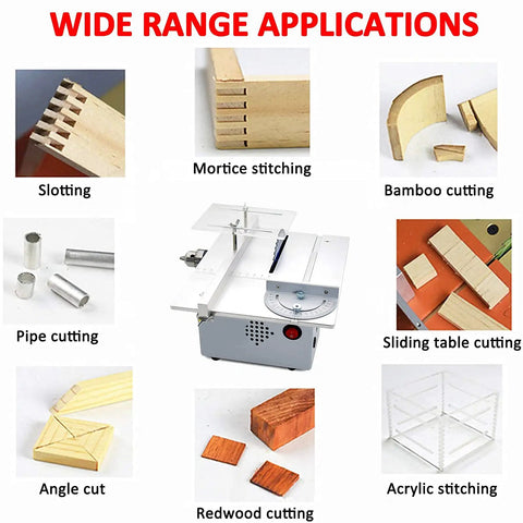 Heavy Duty Mini Sliding Table Saw Engineered For Rugged DIY Builds And Serious Woodworking shown with various cutting applications.