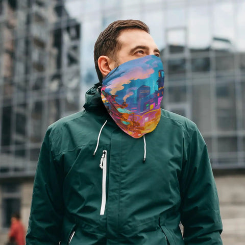 Flex Your Outdoor Setup With This Ultra Breezy Stretchy Neck Gaiter That Shields You From Blazing Sun And Frosty Winds While Keeping You Fresh For Running Or Snowboarding, shown on a man in a green jacket.