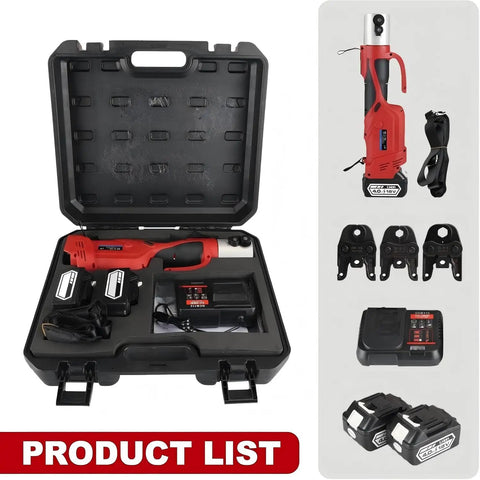 Heavy Duty Cordless Electric Hydraulic Pipe Press Tool With Portable Crimping Action For Stainless Copper Pipes 38KN Max Pressure And 42MM Stroke in hard case with accessories.
