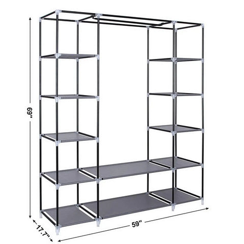 Heavy Hitter Portable Closet Wardrobe Organizer With Slick Nonwoven Fabric Cover And Beefy Steel Frame Built Solid For No Sweat Roomy Storage Shelves And Long Hanging Rod In Soft Gray, 59" x 17.7" x 69".