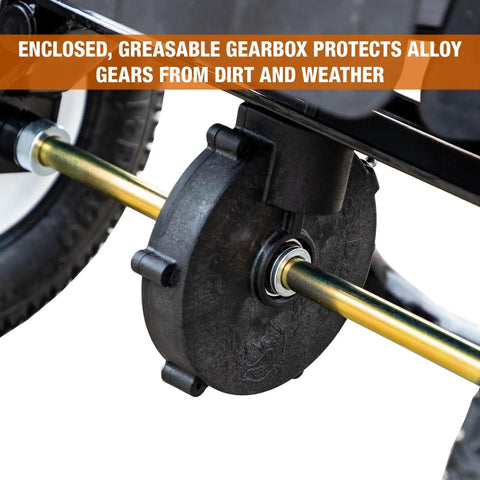 Grounds Keeper All Season Walk Behind Spreader For Seed Fertilizer And Winter Salt With 100 Lb Hopper Capacity enclosed gearbox detail