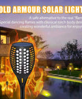 Outdoor Solar Torch Lights With Realistic Dancing Flames, 42.9 Inch Tall, Waterproof 96 LED Tiki Torches For Garden, Dusk To Dawn, Low Maintenance, No Fuss Glow, 4 Pack installed around a pool.