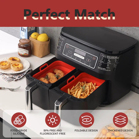 Collapsible 2 Pack Silicone Liners For 8Qt And 10Qt Ninja Foodi Dual Air Fryer with chicken and fries, red rectangular liners