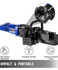 Heavy Duty Electric Hydraulic Rebar Bender Machine With Badass 900 Watt Motor For Grade 60 Steel Bars Adjustable Zero To Hundred Thirty Degree Bend Angle And Quick Crimping Setup For Round Steel showing compact design and features.