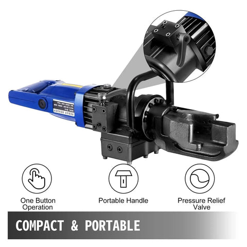 Heavy Duty Electric Hydraulic Rebar Bender Machine With Badass 900 Watt Motor For Grade 60 Steel Bars Adjustable Zero To Hundred Thirty Degree Bend Angle And Quick Crimping Setup For Round Steel showing compact design and features.