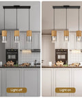 Adjustable Pendant Lamp With Frosted Gold Glass Shade Three E26 Bulbs Farmhouse Chandelier over kitchen island, light on and off view