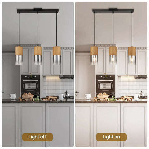 Adjustable Pendant Lamp With Frosted Gold Glass Shade Three E26 Bulbs Farmhouse Chandelier over kitchen island, light on and off view