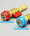 Closeup of high and low pressure connectors from 31Pcs R134A Valve Core Quick Remover And Installer Tool Set for AC systems
