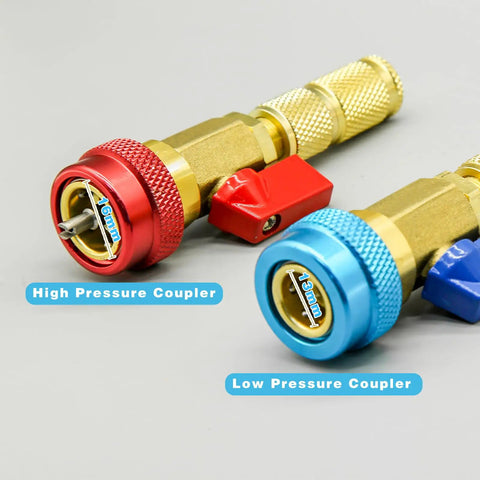 Closeup of high and low pressure connectors from 31Pcs R134A Valve Core Quick Remover And Installer Tool Set for AC systems