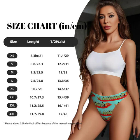 Dragon Boat Racing Inspired No Show Thong For Women Breathable Low Rise G String Underwear Soft Polyester Spandex Blend For All Day Comfort And Confidence XX Large displayed beside a size chart.