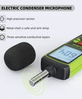 Portable Decibel Meter With 30 To 130 dB Range showing LCD display and microphone attachment for noise monitoring.