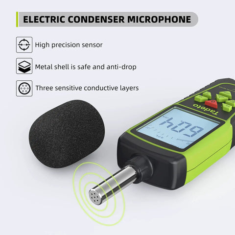 Portable Decibel Meter With 30 To 130 dB Range showing LCD display and microphone attachment for noise monitoring.
