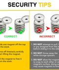 Security tips for handling Beefy Neodymium Round Base Cup Magnets With Countersunk Holes And Stainless Screws, 100 lb holding power.
