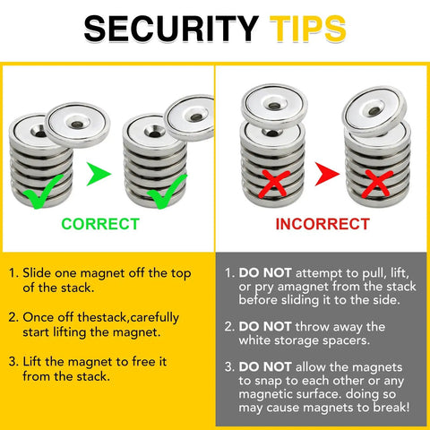 Security tips for handling Beefy Neodymium Round Base Cup Magnets With Countersunk Holes And Stainless Screws, 100 lb holding power.