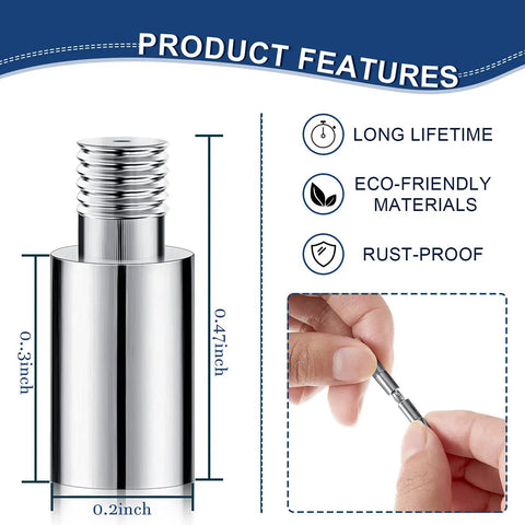 Product dimensions and features of Rock Solid 40 Piece Scrapbook Extension Posts And Screws, showing size and use.