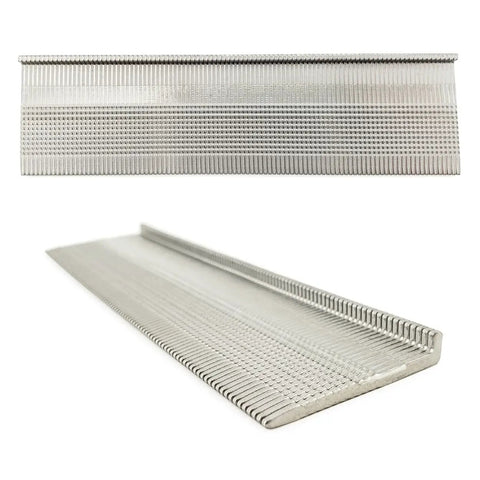 Two stacks of 16 Gauge 1-3/4 Inch L-Cleat Nails For Hardwood Flooring Case Of Five Boxes Containing 1,000 Nails Each Total Five Thousand Nails Compatible With All 16 Gauge L-Cleat Flooring Nailers showing side profile and edge detail