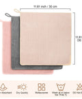 Four Pack Microfiber Coffee Cleaning Towels Set 12x12 Inches with Hanging Loop, Grey Pink Beige color variety, shown with measurements.