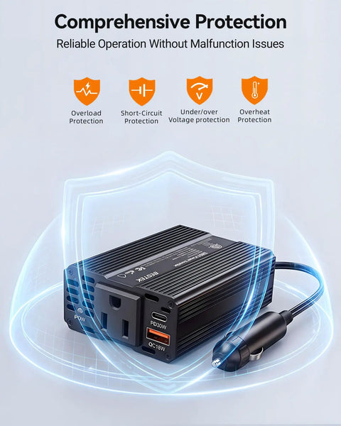 Heavy Duty 200W Car Power Inverter 12V To 120V AC with USB ports features overload and short-circuit protection.