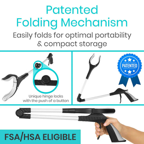 32 Inch Folding Reacher Tool With Rotating Jaw And Sensitive Trigger Grip, Heavy Duty Grabber For Seniors And Mobility Aid, Extra Reach Extender Claw To Grab Dropped Items Behind Furniture Or High Shelves
