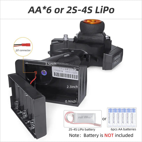 Back view of the 5 Channel 2.4GHz RC Transmitter And Receiver Combo with battery compartment open, showing JST connector compatibility.