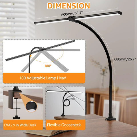 Ultra Wide Dual Head LED Desk Lamp With Clamp, 50 Adjustable Lighting Modes, 31.5 Inch Spread, side view detail.