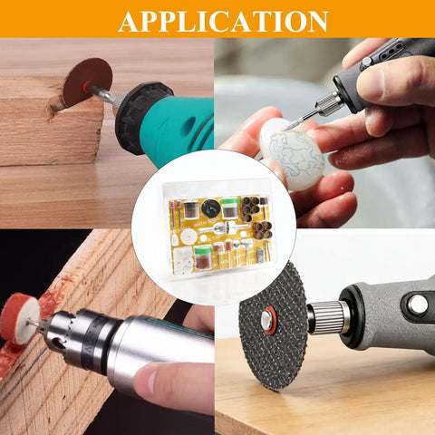 Image showcasing applications of 105 Pcs Rotary Tool Accessory Kit 1/8 Inch Shank in sanding, drilling, and polishing tasks.