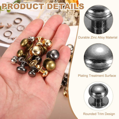 Hand holding various colors of mini knobs, highlighting durability and plating of Set Of 26 Mini Drawer Pulls With Screws For Jewelry Boxes Dresser Closet Gray Round Metal Cabinet Knobs 12x13mm 0.47x0.51 Inch Size Includes 78 Screws For Quick Project Makeover