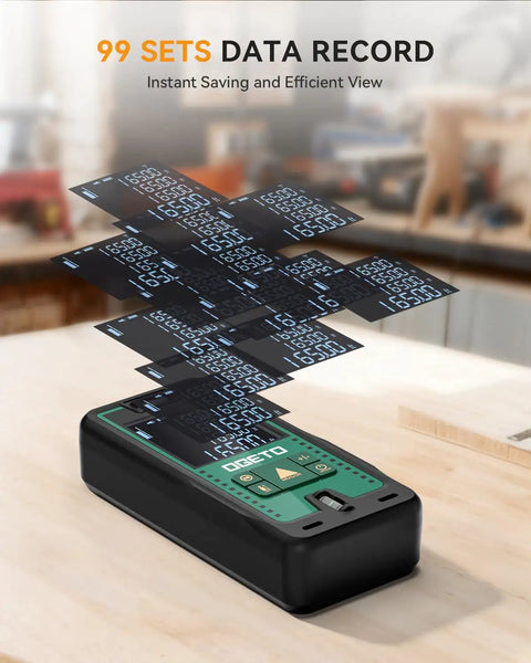 Ultra Precise Laser Distance Meter With 165 Feet Range showing 99 sets data record on desk