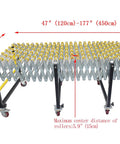 Flexible Portable Conveyor Featuring Abs Rollers Adjustable 47 To 177 Inch Telescopic Gravity Belt with detailed dimensions shown.